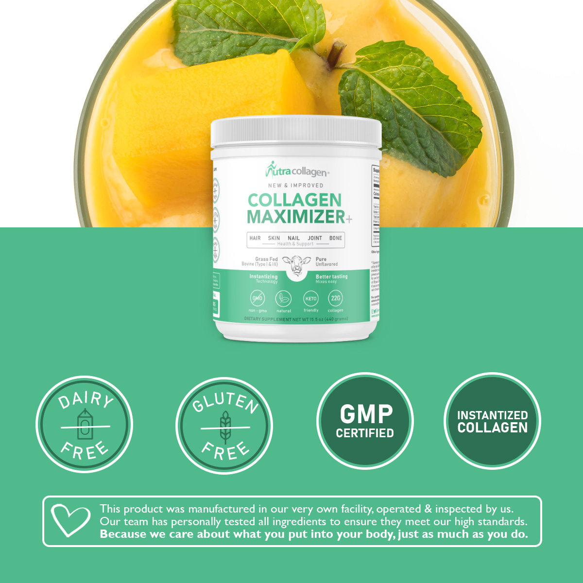 Main Collagen Maximizer Certifications and Mango Smoothie as Background Image