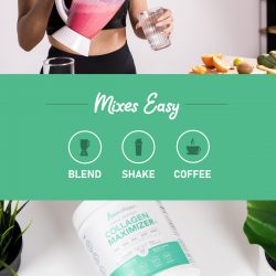 Mixes Easy Text with Woman Pouring Collagen Smoothie Image on Top
