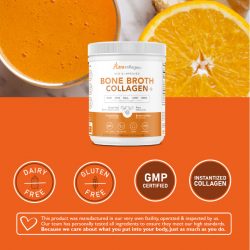 Bone Broth Collagen Plus Notable Certifications With Orange Smoothie As A Background