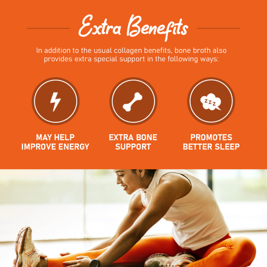 Extra benefits for bone broth collagen image with woman stretching as a background