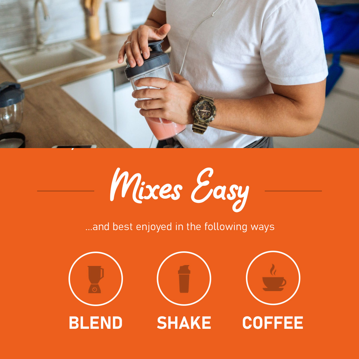 Mixes Easy Image for Bone Broth Collagen With Man Closing a shake bottle as a background