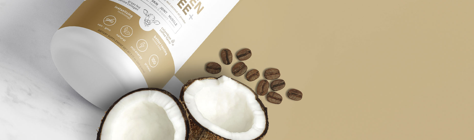 Collagen Coffee with brown background next to coconuts and coffee beans