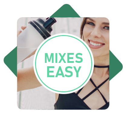 mixes easy icon with woman in the background holding shaker bottle